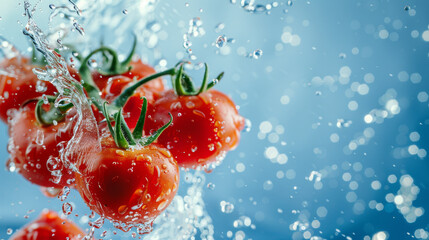 Wall Mural - A bunch of tomatoes submerged in water with splashes and bubbles, creating a vibrant and dynamic composition.