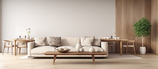 Sticker - A modern living room with a beige sofa wooden coffee table and contemporary decor elements Template with copy space image showing a dining room in the background