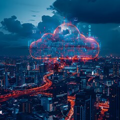 Wall Mural - Vibrant Cityscape with Digital Cloud Connectivity Representing Smart City Technology