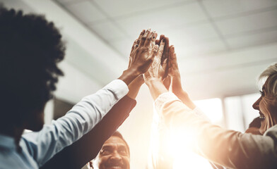 Poster - Business people, high five or hands together for success, victory or meeting for corporate support. Mission, group or partnership collaboration for teamwork, target or staff synergy for motivation