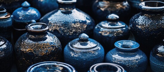 Wall Mural - Close up shot of navy blue glazed pottery with a vintage contemporary and antique style perfect for use as a wallpaper background with copy space image