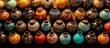 © Ilgun - An aerial perspective displaying an arrangement of creatively painted handmade pottery jars with copy space image