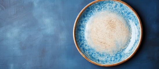 Poster - Top view of a blue and white ceramic plate on a brown concrete background with copy space image