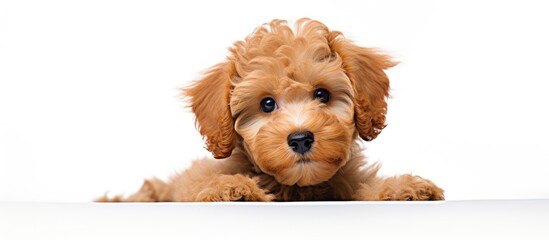 Wall Mural - Adorable poodle puppy on a plain white backdrop with copy space image