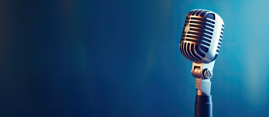 A close up of a microphone in a recording studio or radio station on a blue background ideal for technology and audio equipment concepts with copy space image