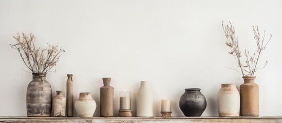 Canvas Print - Home decor featuring neutral colored vases burnt candles and a frame on a rustic wooden shelf set against a shabby white wall creating a visually appealing copy space image