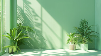 Wall Mural - A room with a green wall and plants in pots