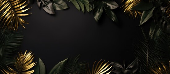 Wall Mural - tropical date palm and monstera leaves in shiny golden paint on black paper create a trendy luxury b
