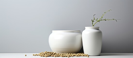 Canvas Print - Clean pottery containers for milk or beans on a white and gray background with ample copy space image