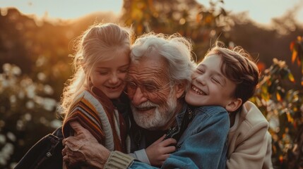  portrait of happy grandfather and his two grand children hugging in the garden at sunset