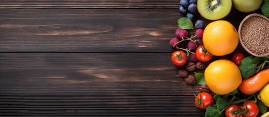 Sticker - Wooden background with fitness gear and nutritious food displayed perfect for a copy space image