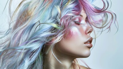 Wall Mural - A woman with rainbow colored hair and makeup