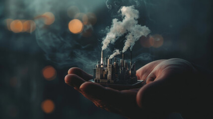 Hand cradles a dense cluster of factories billowing smoke, representing the stark reality of industrial pollution and its environmental consequences.