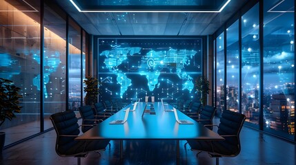 Wall Mural - Business Meeting Room with Digital Cloud Computing Display