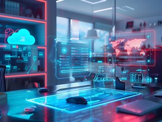 Wall Mural - Futuristic Home Office with Cloud Connected Devices and Holographic Workspaces