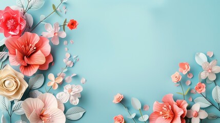 Wall Mural - Beautiful floral card design on light blue background with text space