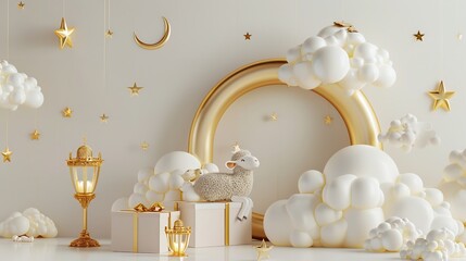 Gift box sheep crescent moon star cloud gold