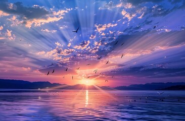 As the sun set over Lake todo, the sky painted an enchanting canvas of deep blues and purples with golden rays piercing through dramatic clouds. Tranquil waters shimmered under twilight glow birds