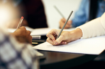 Poster - Writing, notebook and hands of person in study group for university education, scholarship course or project research. Growth, studying and college students with notes for exam, learning and planning