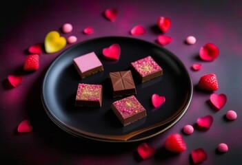 Wall Mural - A pink and ruby chocolate dessert on a black plate with a fork and napkin, with plenty of copy space.