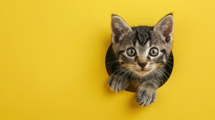 Wall Mural - Adorable gray tabby kitten with big eyes on yellow background Cute cat emerges from hole on colorful backdrop Text space available