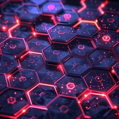 Wall Mural - Close-up of futuristic hexagonal pattern with glowing neon lights, showcasing advanced technology and modern digital design concepts.