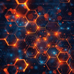Wall Mural - Digital hexagonal pattern with glowing lights and futuristic technology background in orange and blue tones.
