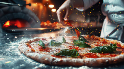 Italian pizza being made by a chef in an elegant restaurant kitchen with a pizza oven in the background