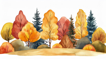 Wall Mural - Abstract watercolor painting of beautiful autumn forest on white background. Natural scenery