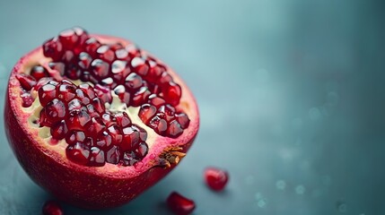 Close up of a halved pomegranate revealing its juicy red seeds showcasing the fruit s vibrant colors and textures