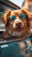 Wall Mural - Dog looks out of the car window.