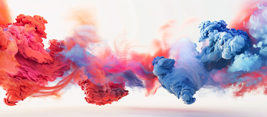  A cascade of red and blue smoke waves emerging from two smoke bombs on a white background. 32k, full ultra HD, high resolution,
