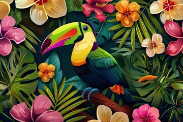 toucan bird in wild forest with leaves and flowers