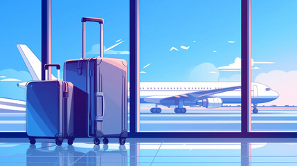 Wall Mural - Suitcases standing in an airport with the plane on the background. Traveling by plane, airline, tourism, airport concept.	