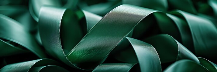 A closeup of green ribbon with intricate curves and folds, set against a dark background, creating an abstract composition that suggests depth and movement. The focus is on the texture and tone 3:1