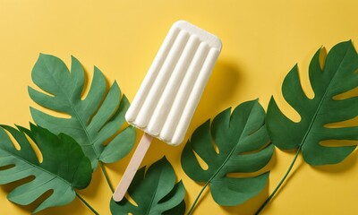 White popsicle with wooden stick on yellow background with green tropical leaves