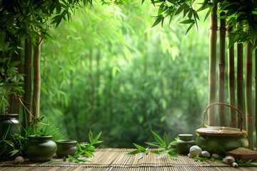 fresh and beautiful green natural background, with bamboo on both sides, and traditional Chinese medicine