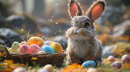 Wall Mural - A fluffy grey bunny with floppy ears sitting in a spring meadow surrounded by a wicker basket filled with vibrant dyed Easter eggs  The scene has a warm cozy and festive atmosphere