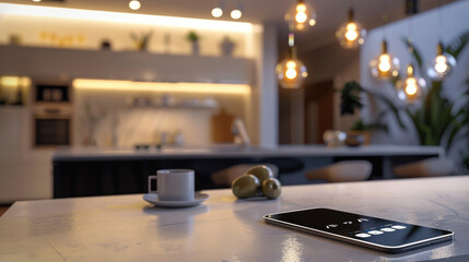 Wall Mural - A cell phone is on a table with a cup of coffee and a bowl of fruit