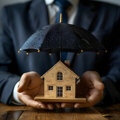 businessman holding umbrella over house model symbolizing property insurance concept