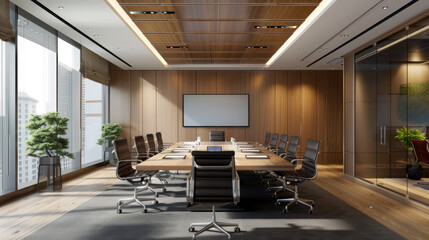 Wall Mural - A large conference room with a long table and chairs