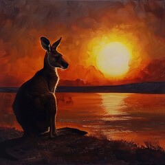 Wall Mural - A lone kangaroo sits on the banks of a lake, silhouetted against the vibrant orange and yellow hues of a setting sun in Australia