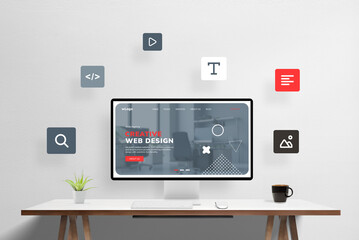 Fototapete - Creative web design studio illustration. Computer display with modern webpage, surrounded by flying icons of web design elements. Modern digital design concept visualized