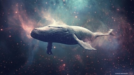 Wall Mural - Surreal art design of a whale floating in space with a cosmic background and starry sky. Digital art of whale swimming in the space with gradient watercolor and glowing star in the night sky. AIG35.