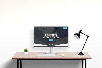 Leinwandbilder - Web design studio portfolio page concept displayed on modern computer in office work desk setting. Showcase of creative digital projects and professional design work