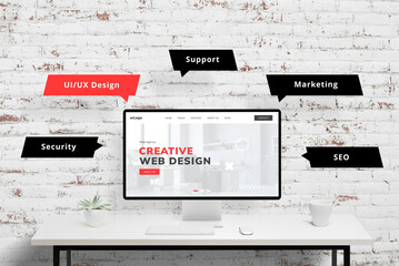 Fototapete - Creative web design agency page with UI, UX design, support, marketing, SEO, security elements flying around. Agency concept presentation visualized in modern style