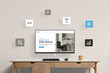 © Stanisic Vladimir - Work desk with computer display featuring web design studio presentation page, surrounded by flying web design icons. Visual representation of a creative digital workspace concept