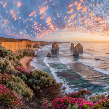 The iconic Twelve Apostles rock formations stand tall against a vibrant pink sunrise sky on the Great Ocean Road in Australia