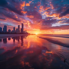 Wall Mural - Gorgeous sunset view of Surfers Paradise skyline, with sun reflecting on water and city skyscrapers against vibrant sky
