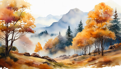 Wall Mural - Abstract watercolor painting of autumn morning mist, trees and fog on white background. Hand drawn